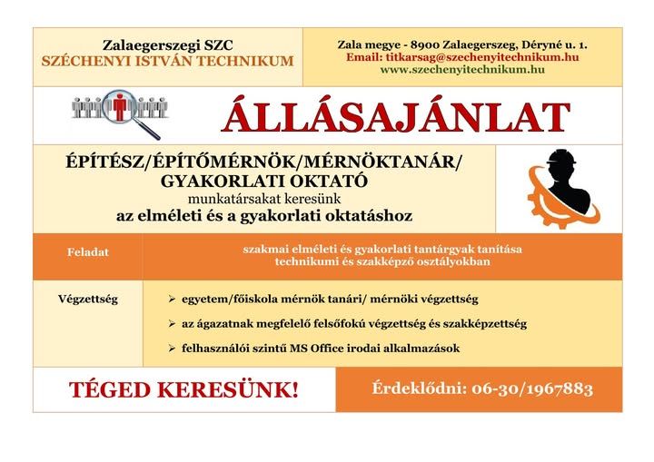 Állásajánlat - Építész/Építőmérnök/Mérnöktanár/Gyakorlati oktató