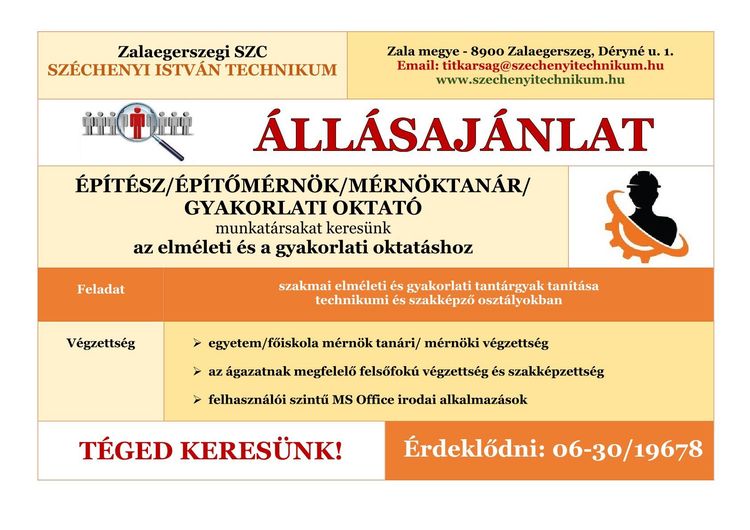 Állásajánlat - Építész/Építőmérnök/Mérnöktanár/Gyakorlati oktató