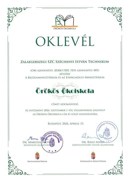 Technikumunk megkapta az ÖRÖKÖS ÖKOISKOLA címet