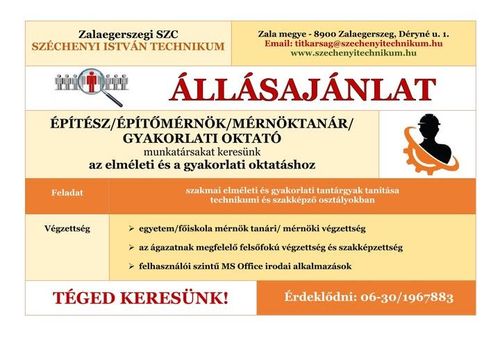 Állásajánlat - Építész/Építőmérnök/Mérnöktanár/Gyakorlati oktató