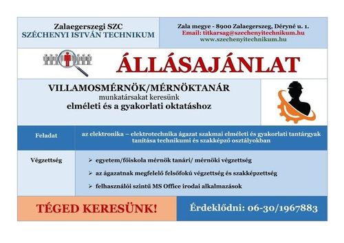 Állásajánlat - Villamosmérnök/Mérnöktanár