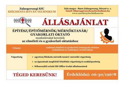 Állásajánlat - Építész/Építőmérnök/Mérnöktanár/Gyakorlati oktató