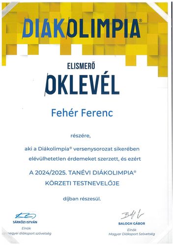 Fehér Ferenc testnevelő oktató elismerése a diákolimpiai sikerekért