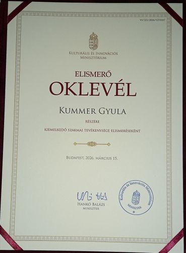 Kulturális és Innovációs Miniszter Elismerő Oklevele