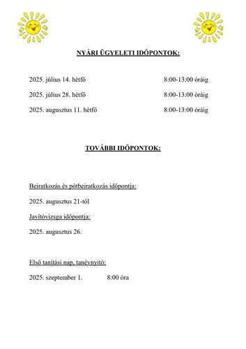 Nyári ügyeleti és egyéb időpontok 2025