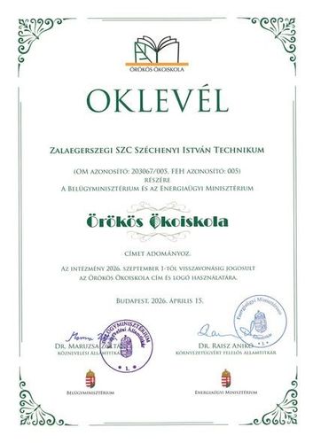 Technikumunk megkapta az ÖRÖKÖS ÖKOISKOLA címet