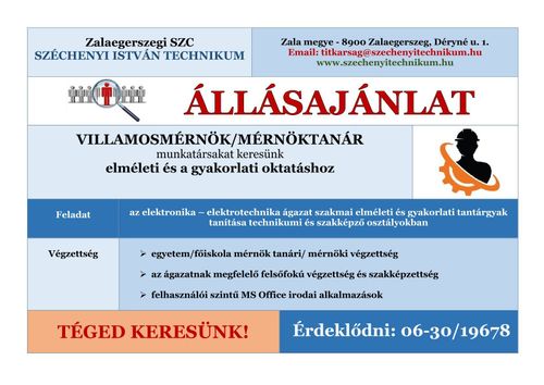 Állásajánlat - Villamosmérnök/Mérnöktanár